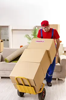 Construction Worker Drucke: Young contractor with boxes working indoors