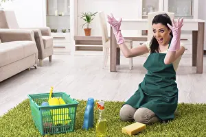 One Person Household Chores Drucke: Young female contractor doing housework