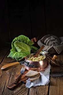 Baked Goods Still Life Drucke: Young and fresh cabbage cooked with bacon cubes