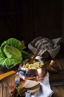 Scandinavian Food Photography Drucke: Young and fresh cabbage cooked with bacon cubes