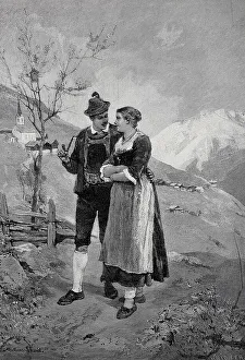 Traditional Austrian Costume Drucke: Young lovers walking in the mountains in spring