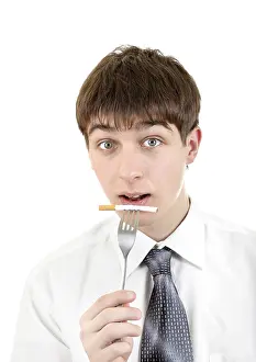 White Background Portrait Drucke: Young Man with Cigarette on the Fork