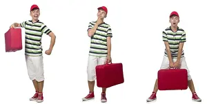 White Background Studio Shot Drucke: Young man with red suitcase isolated on white
