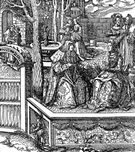 Historical Woodcut Art Drucke: The young married couple learn one another's language