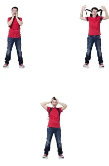 Bright Studio Environment Drucke: Young student with backpack isolated on white