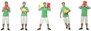 Studio Shot Concept Drucke: Young student with notes isolated on white