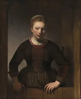 Drucke von Junge Frau an einem offenen halboffenen Tor (1645), Werk von Rembrandt Harmenszoon van Rijn (geboren am 15. Juli 1606 in Leiden, gestorben am 4) Rembrandt Van Rijn Drucke: Junge Frau an einem halb geöffneten Tor (1645).