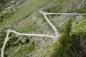 High Angle Mountain Shot Drucke: Zigzag path to the Gemmi pass, Leukerbad