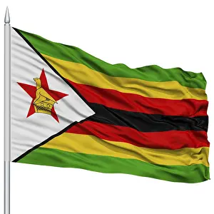 Drucke von Schild der Flagge von Simbabwe auf Flaggenmast, fliegt im Wind, isoliert auf weißem Hintergrund Verwandte Bilder Drucke: Das Flaggenmotiv von Zimbabwe auf einem Flaggenmast, flattert im Wind.