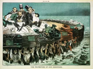 Drucke von Eine Illustration aus dem Puck-Magazin, die unsere Industrieprotektoren zeigt, die auf verschiedenen Arbeitern sitzen Industrielle Drucke: Raubritter unterdrücken Arbeiter, politische Karikatur, Geschichte