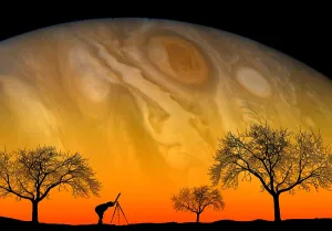 Gerahmter Druck : Astronomy. In dieser kombinierten Fotografie blickt ein Amateurastronom zum Himmel auf Gerahmter Druck : Astronomy. In dieser kombinierten Fotografie blickt ein Amateurastronom zum Himmel auf