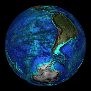 South America Geography Drucke: Topographical Map of Coordinates 45 S, 90 W